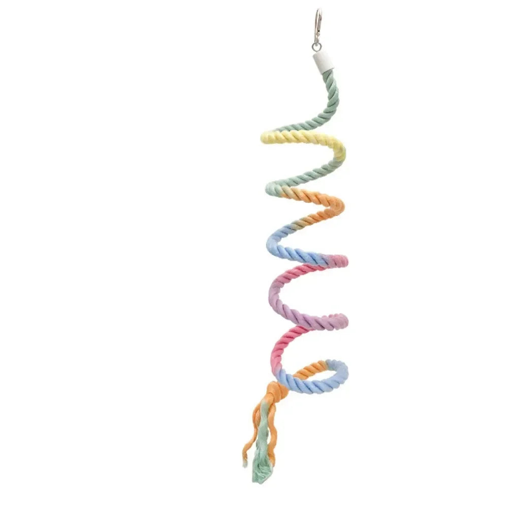 A coiled bendable cotton rope perch for small birds, showing various shades of green and yellow.