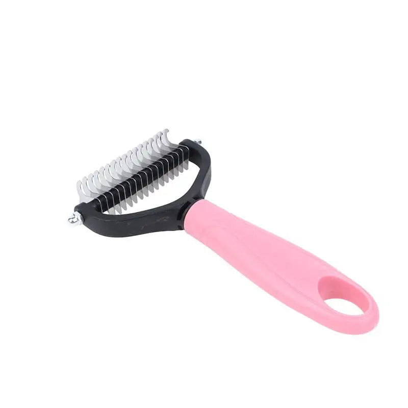 A pink pet dematting and deshedding brush for dogs and cats with a black handle.