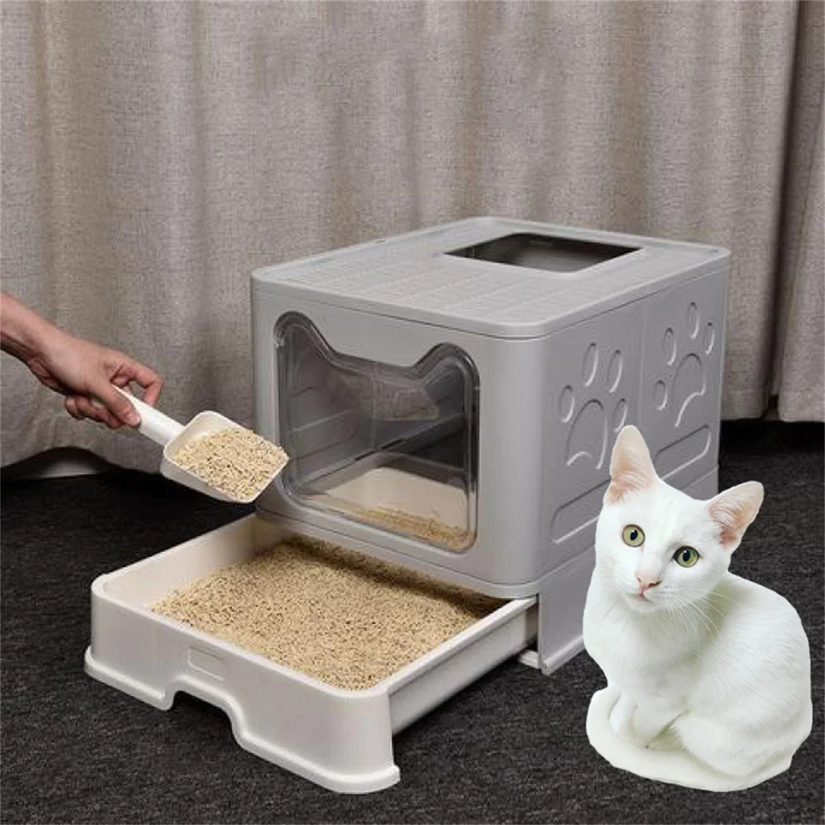 Foldable Cat Litter Box with Front Entry, Top Exit, and Drawer Tray