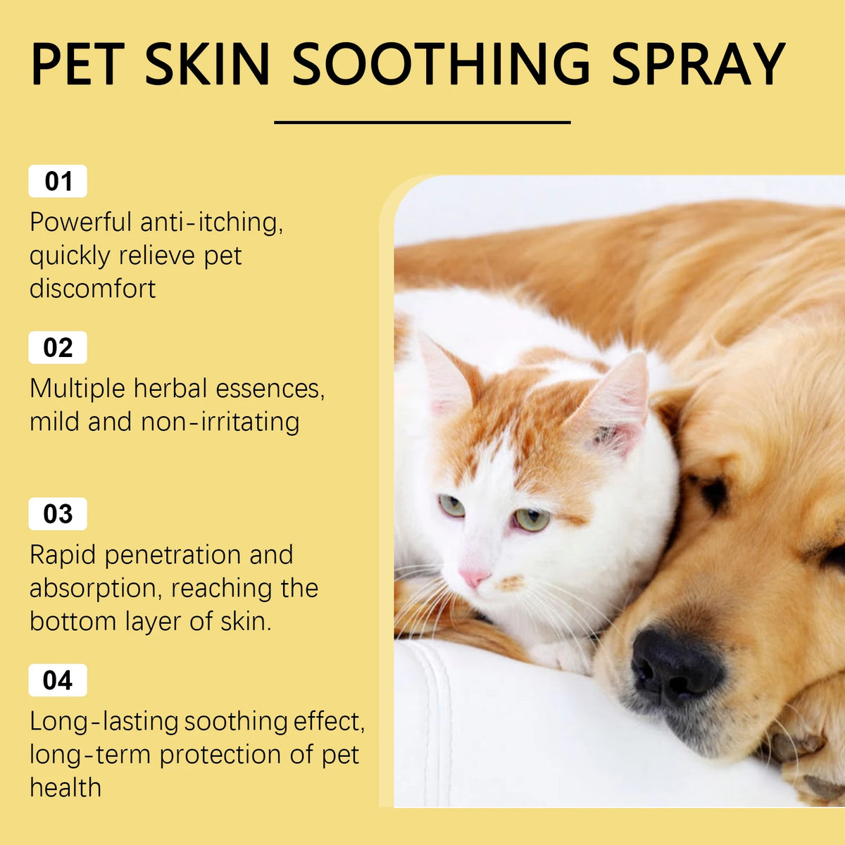 Gros plan d'un chat et d'un chien en train de se reposer, avec une bouteille de spray apaisant pour animaux visible.