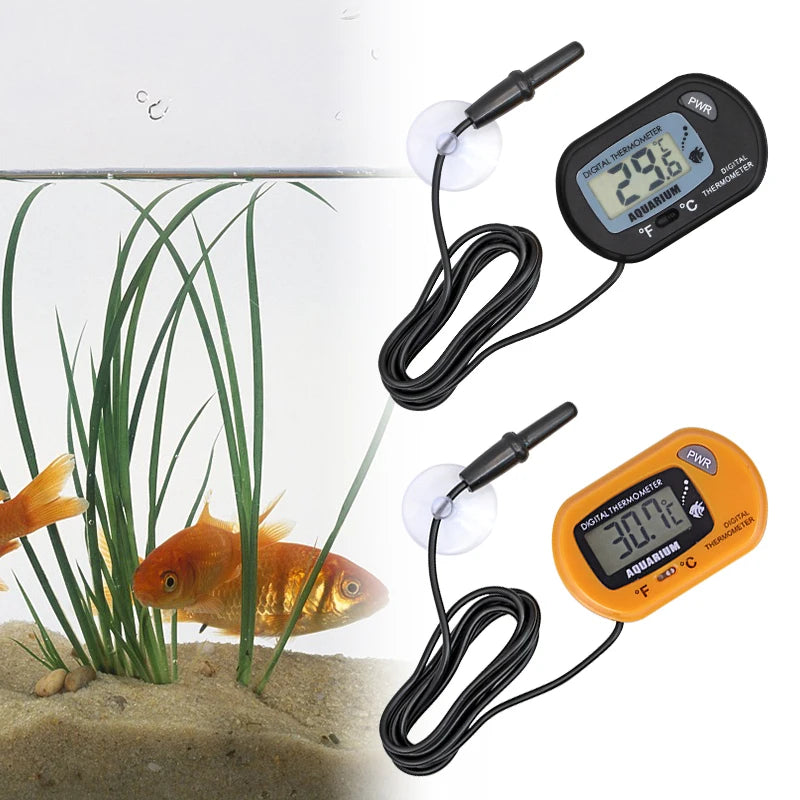 Digitales Aquariumthermometer mit schwarzem Kabel, zeigt 29,6°F.