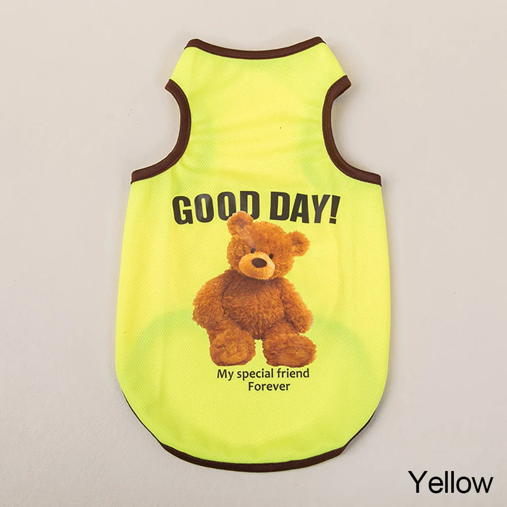 A yellow breathable pet vest featuring a cartoon bear print with the text Good Day Forever