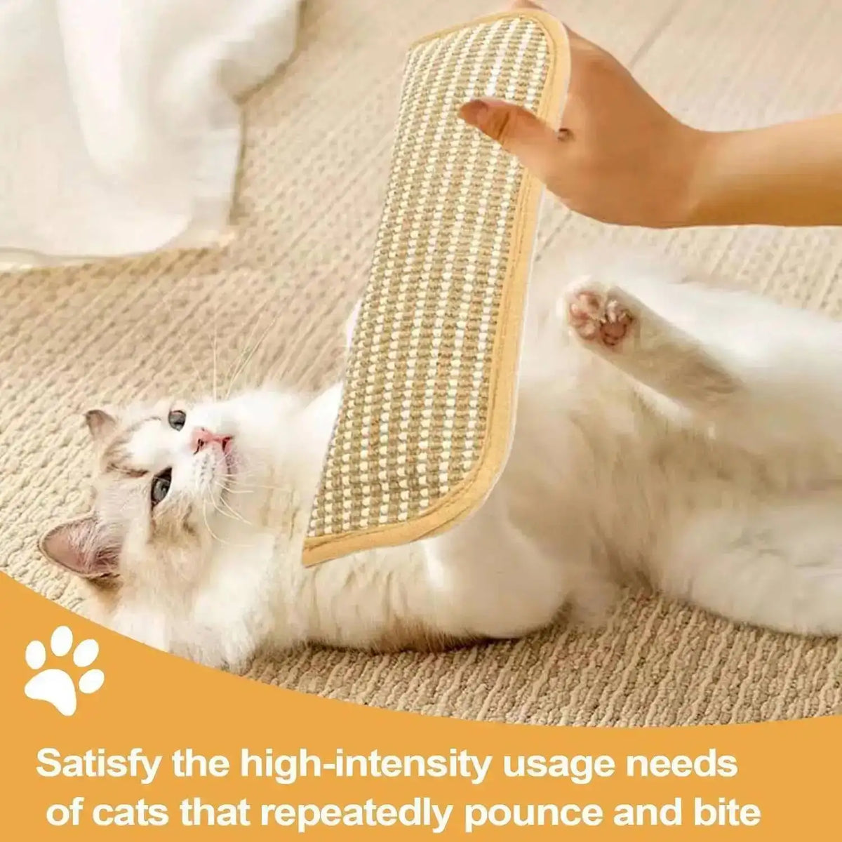 Eine weiße Katze benutzt ein interaktives Kratzspielzeug, das die hohen Nutzungsanforderungen von Katzen befriedigt.
