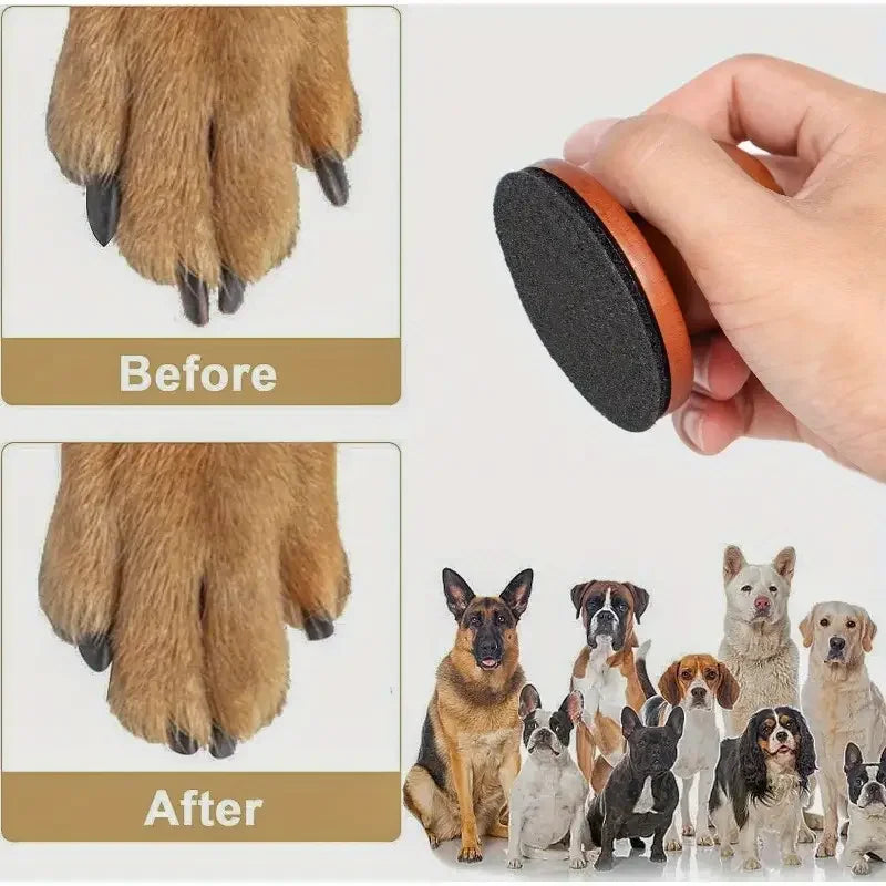 Vorher-Nachher-Vergleich eines ergonomischen hölzernen Hundennagelfiles mit austauschbaren Pads auf einem Pfote.