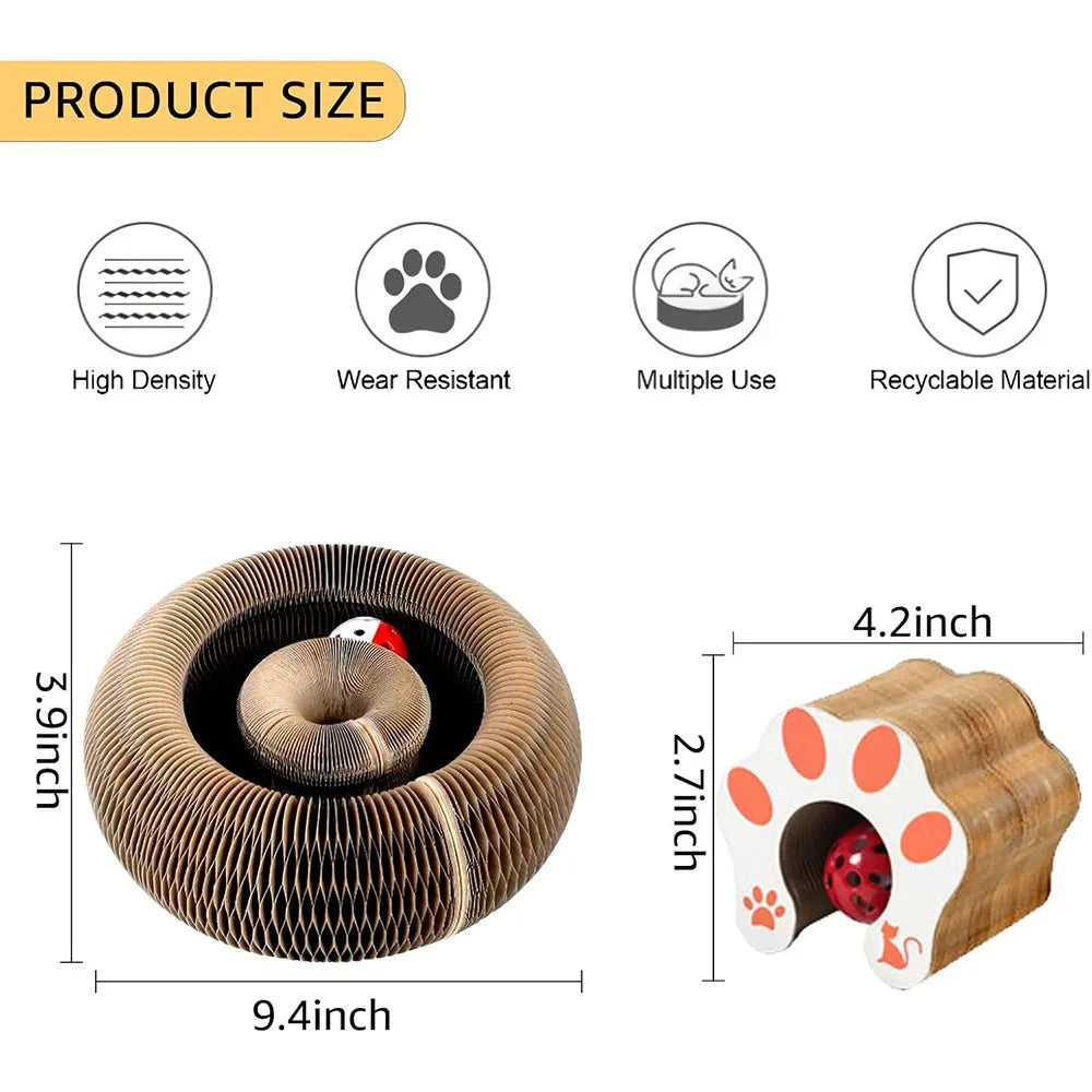 A brown accordion cat scratcher with a toy ball, showing its size and features.