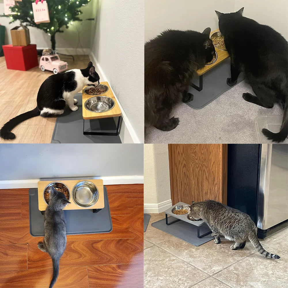A collection of elevated wooden pet bowls with stainless steel feeding stands for cats and small dogs.