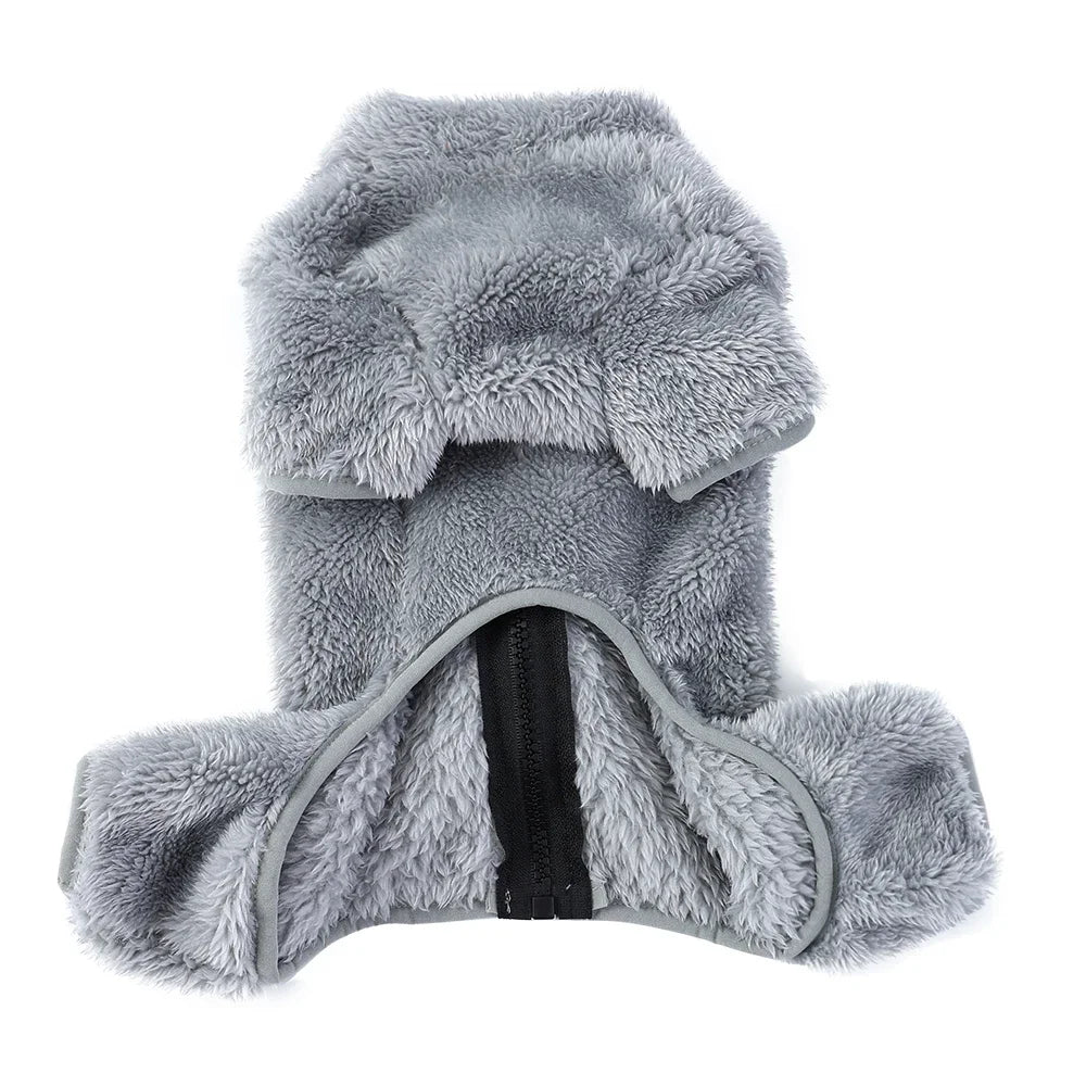 A gray cozy fleece dog jumpsuit for small and medium breeds.