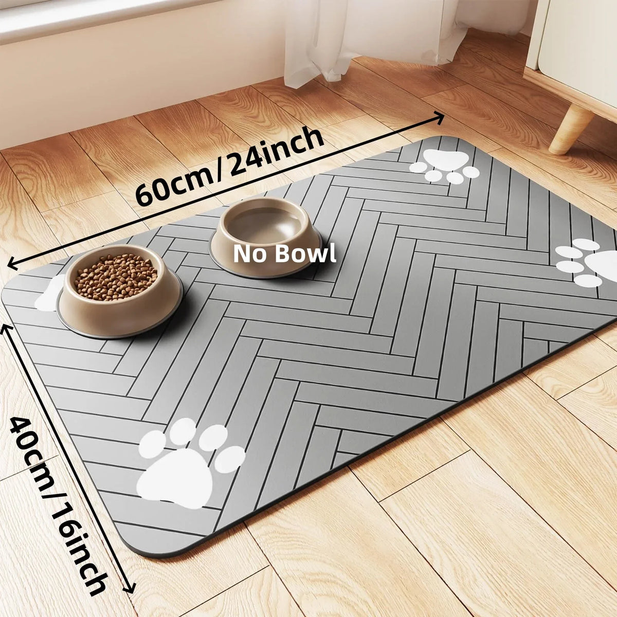 A gray absorbent pet feeding mat with a herringbone pattern and paw prints, showing dimensions of 60cm by 40cm.