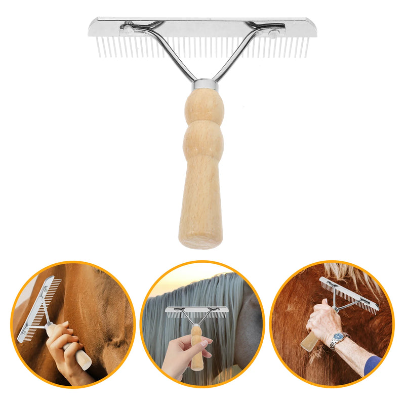 Râteau de toilettage ergonomique pour chevaux avec manche en bois