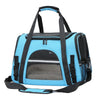 A light blue foldable pet travel carrier bag with black straps and a mesh window.