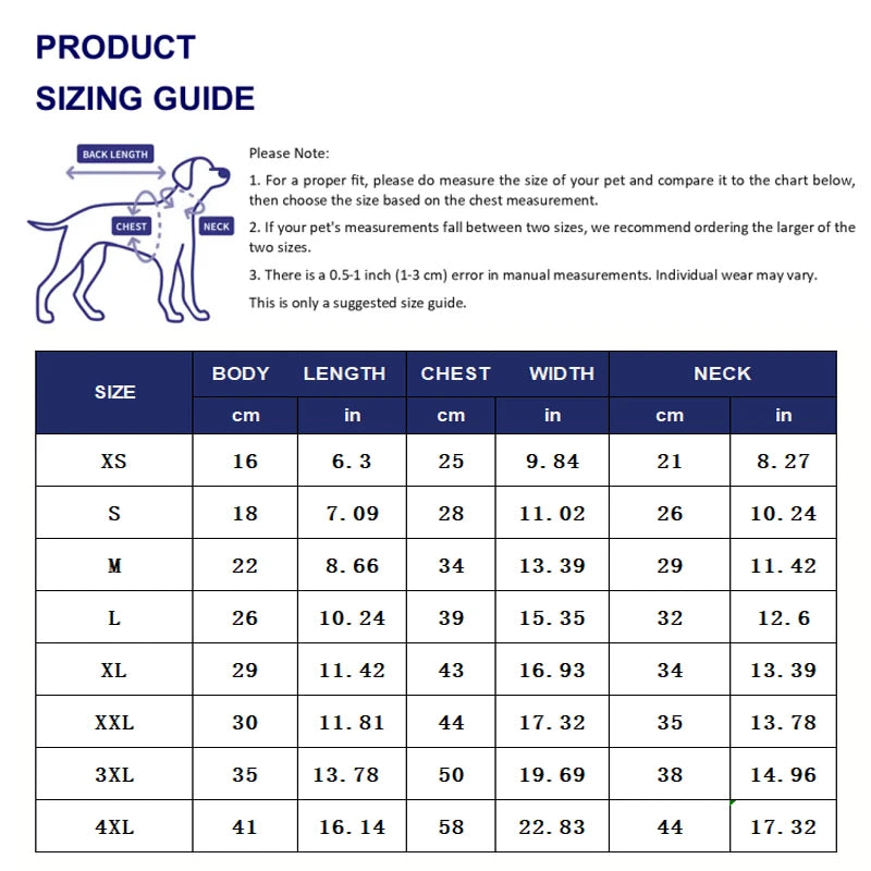 A sizing guide chart for a Classic Pet Polo Shirt, showing measurements in centimeters and inches for various sizes.