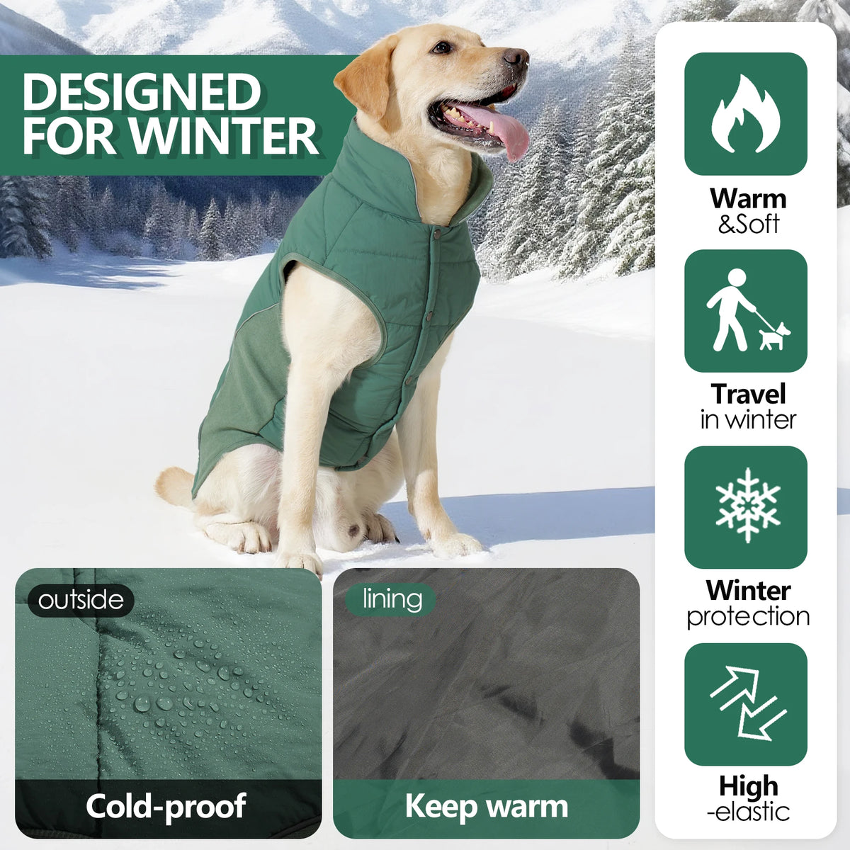 Reflective Waterproof Dog Coat with Fleece Lining and Leash Hole