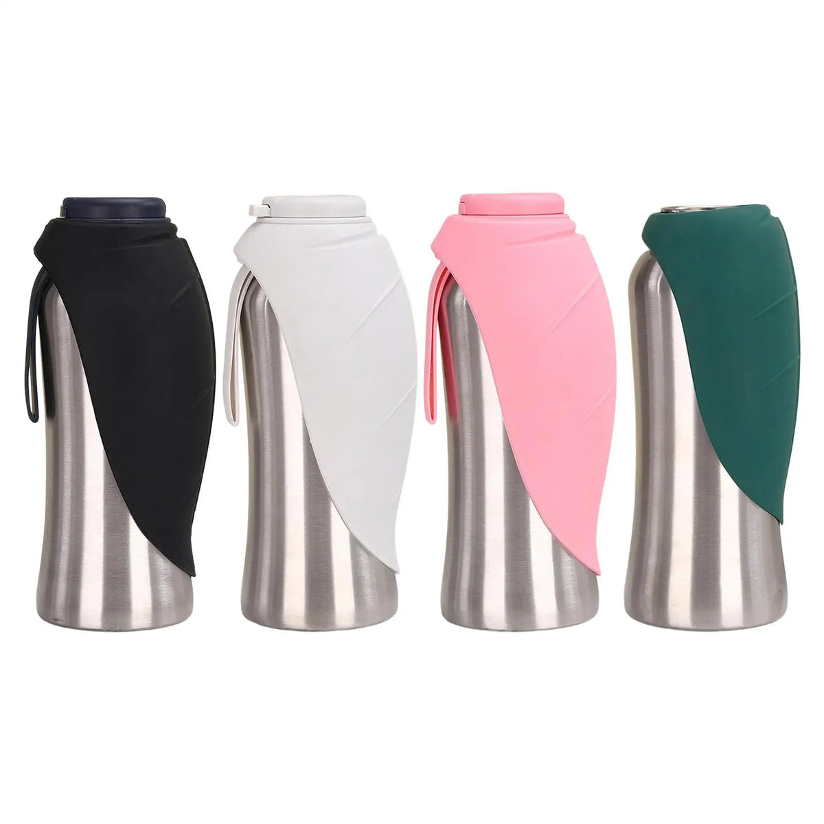 A set of four portable leak-proof dog water bottles with built-in bowls in black, white, pink, and green.