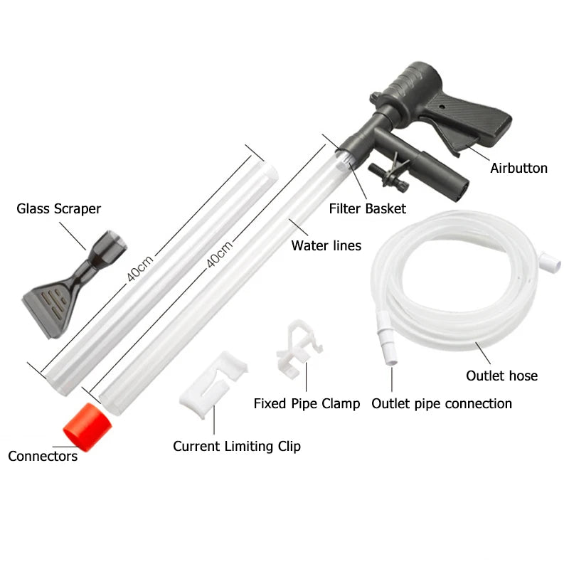 Diagram showing components of a manual aquarium water change pump and gravel cleaner including airbutton, filter basket, wate