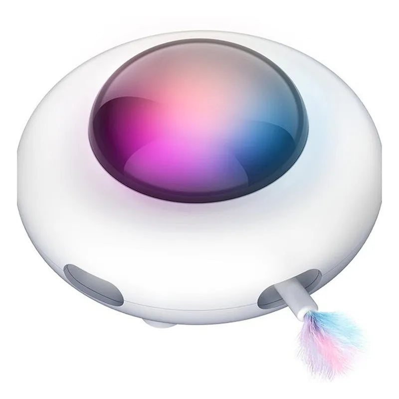 Weißer Smart-UFO-Katzen-Teaser-Spielzeug mit großer, reflektierender Linse und austauschbarem Federansatz.