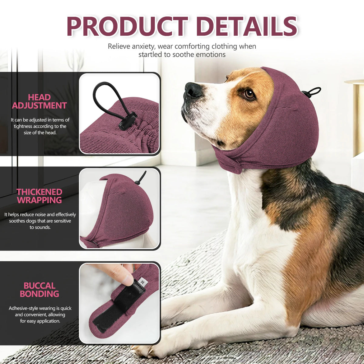A dog is wearing a purple calming ear wrap designed for noise reduction and anxiety relief.