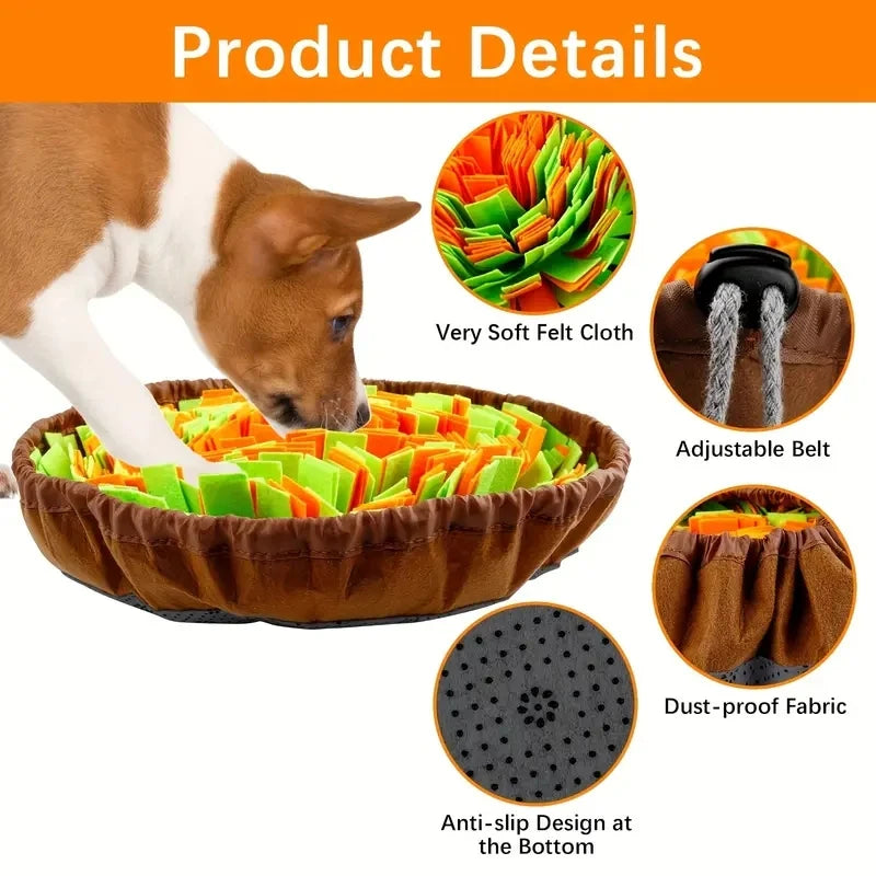 A dog is sniffing a colorful foldable felt mat designed for dog training and scent work.
