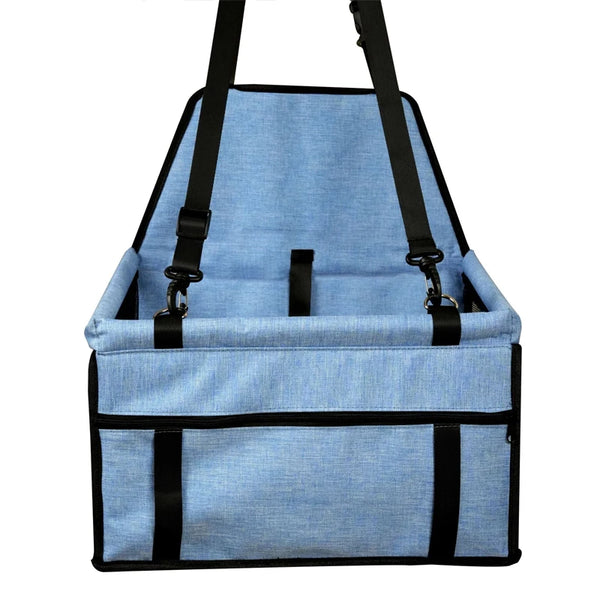 Light blue pet car seat booster with storage pouch and black straps