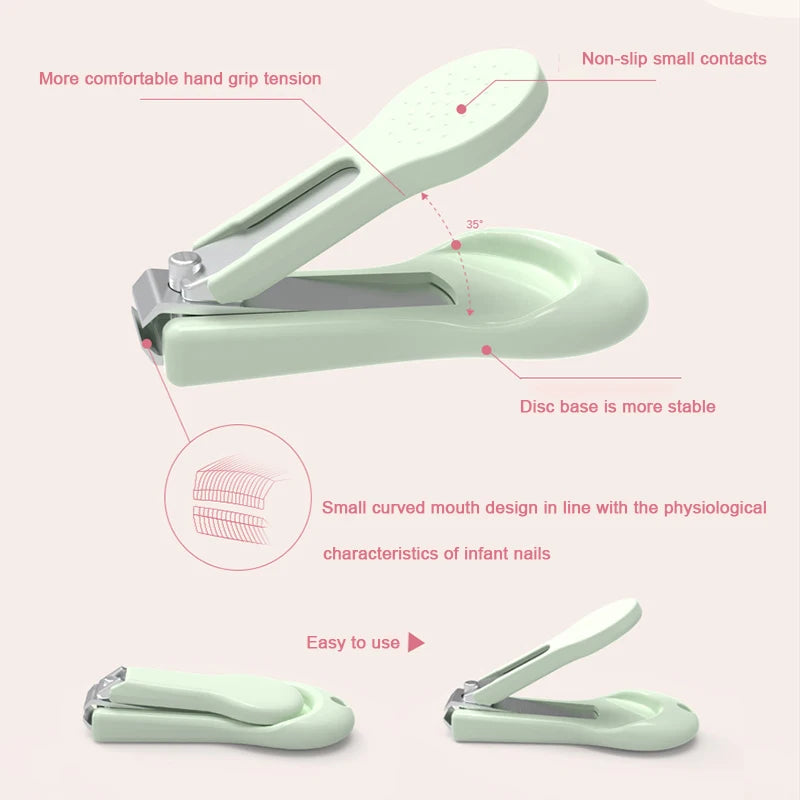 A light green portable nail care set featuring a disconnector tool and small curved mouth design for infant nails.