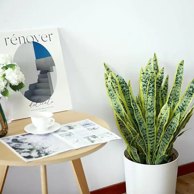 Artificial snake plant with long green leaves in a white pot on a wooden table.