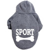 A gray cozy fleece pet hoodie for dogs with a hood and the word SPORT printed on the back.