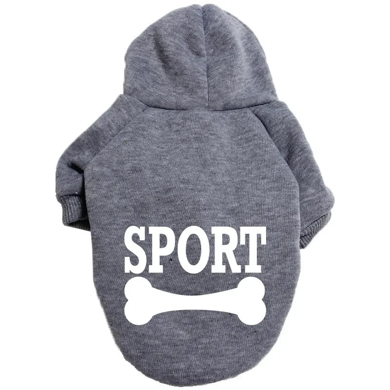 A gray cozy fleece pet hoodie for dogs with a hood and the word SPORT printed on the back.