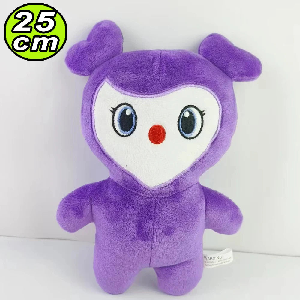 A purple kawaii plush toy resembling a small creature with large eyes and a red nose.