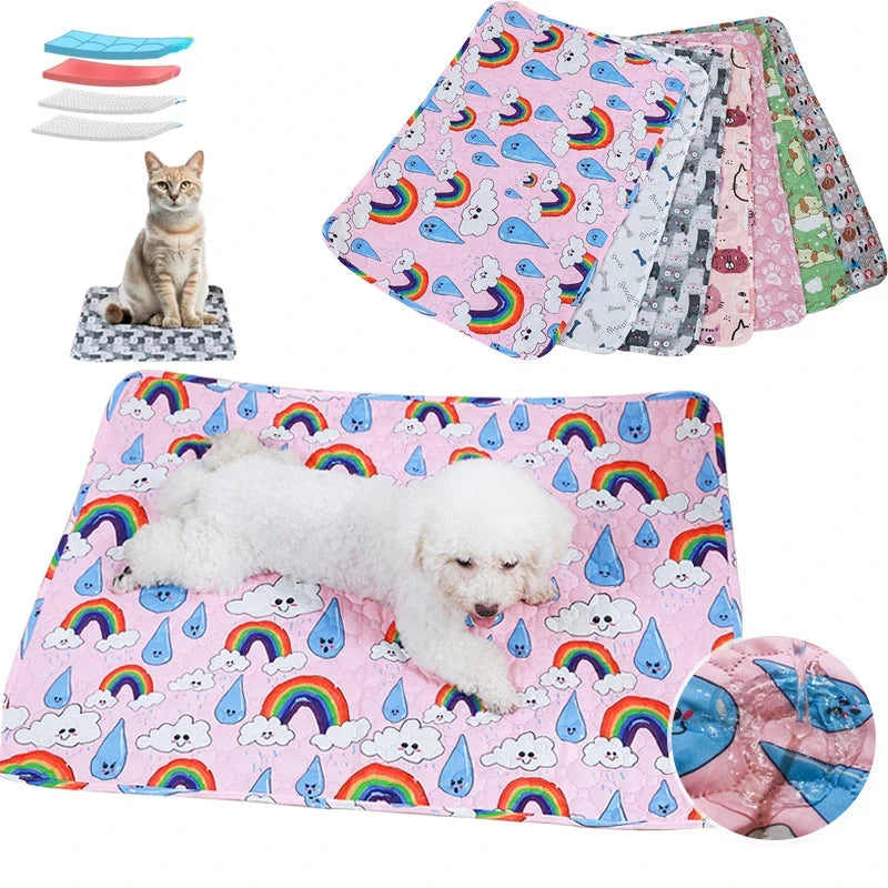 A set of colorful washable pet training mats for dogs, including a mat and several striped mats.