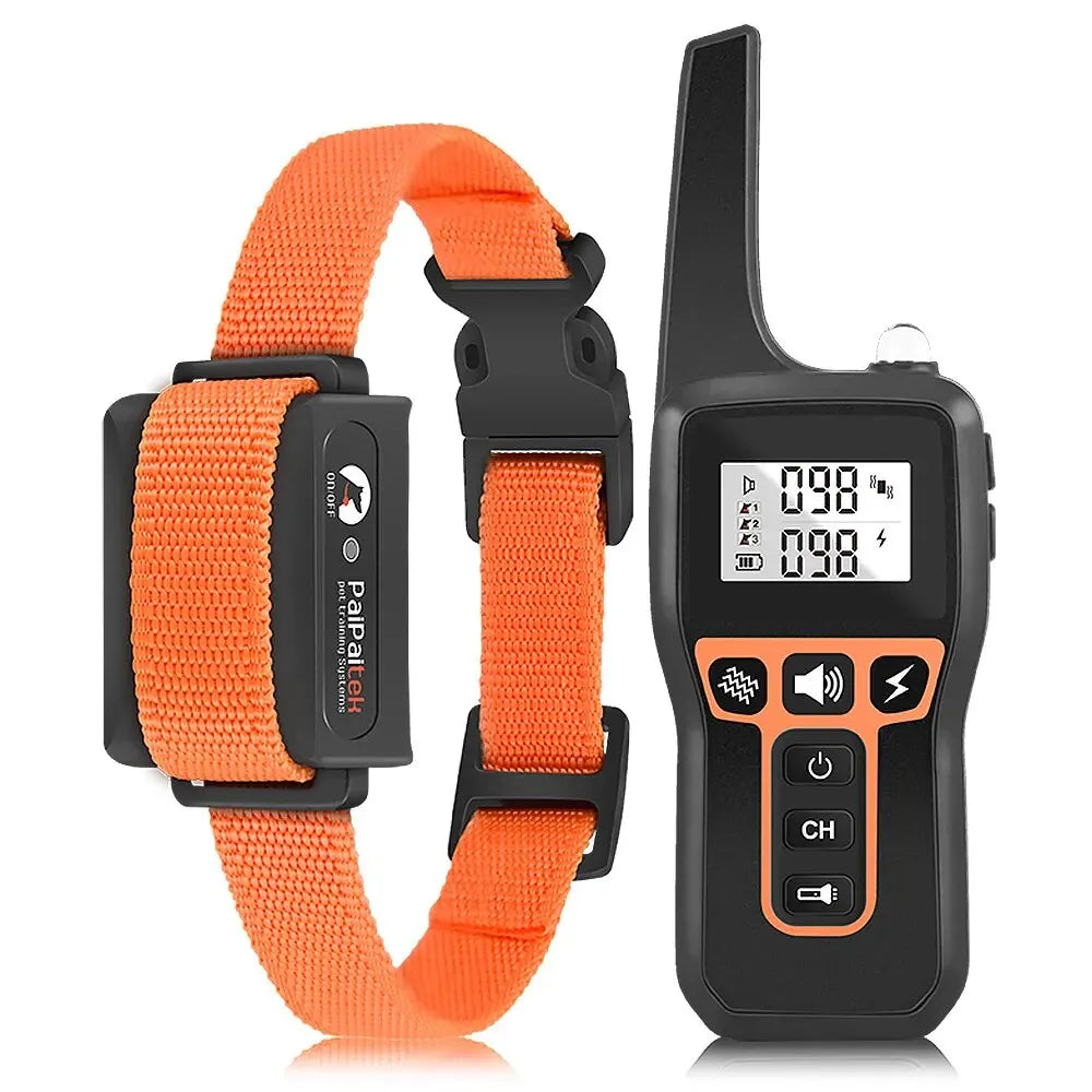 Orange and black universal rechargeable dog bark collar with remote control device