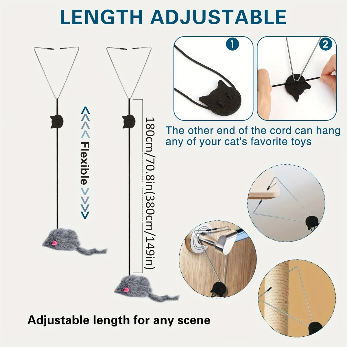 Jouet interactif pour chat avec porte à accrochage ajustable, montré avec différentes longueurs et un cordon flexible.