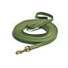 Olive green durable waterproof dog leash with a rustproof metal hook rolled up.