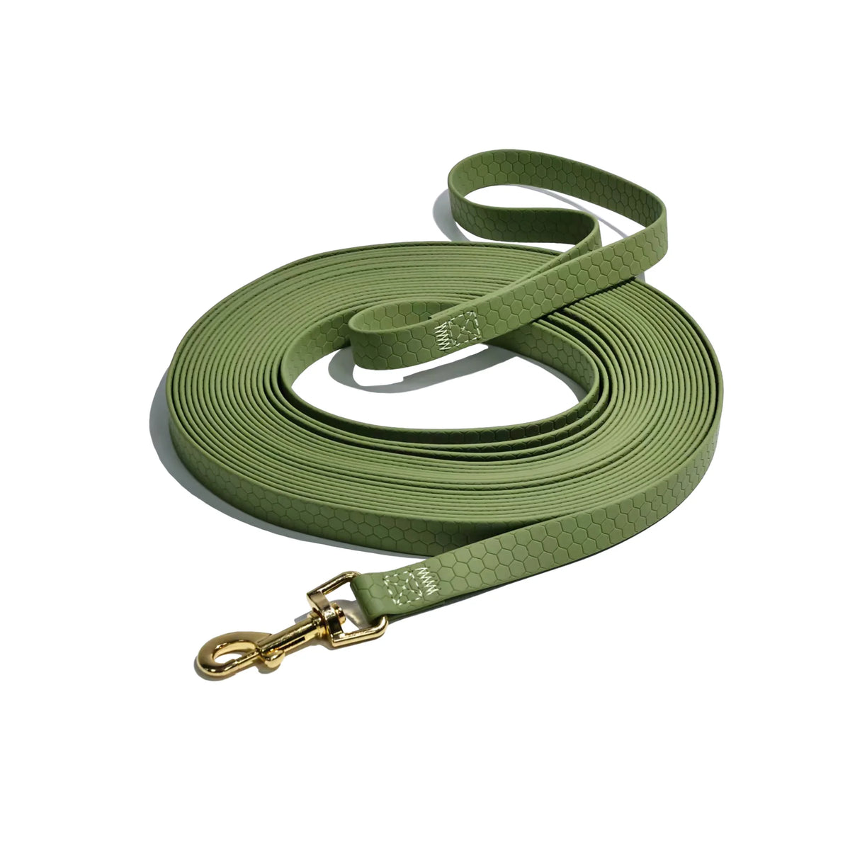 Olive green durable waterproof dog leash with a rustproof metal hook rolled up.