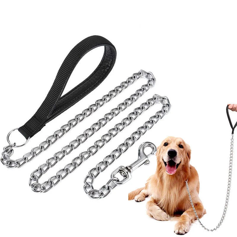 Black heavy-duty anti-chew metal dog leash with a soft handle for training