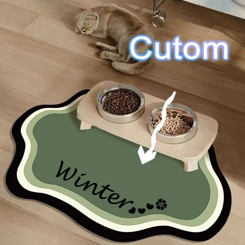 A cute diatomaceous mud pet feeding mat with a wooden base and two bowls for winter feeding.