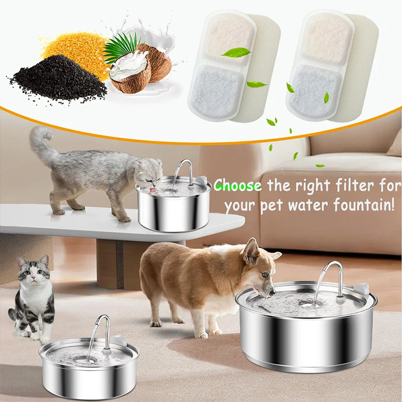 A collection of replacement filters for a pet water fountain, including various materials like coconut shells and natural fib