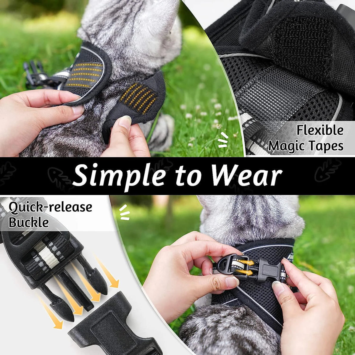 Escape-Proof Cat Harness and Leash Set with Reflective Strips