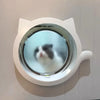 A white, round pet door flap with a clear lens is mounted on a wall.