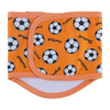 Orange reusable male dog sanitary pants featuring a pattern of black and white soccer balls.