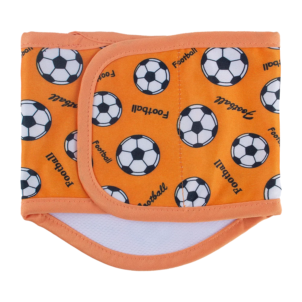Orange reusable male dog sanitary pants featuring a pattern of black and white soccer balls.