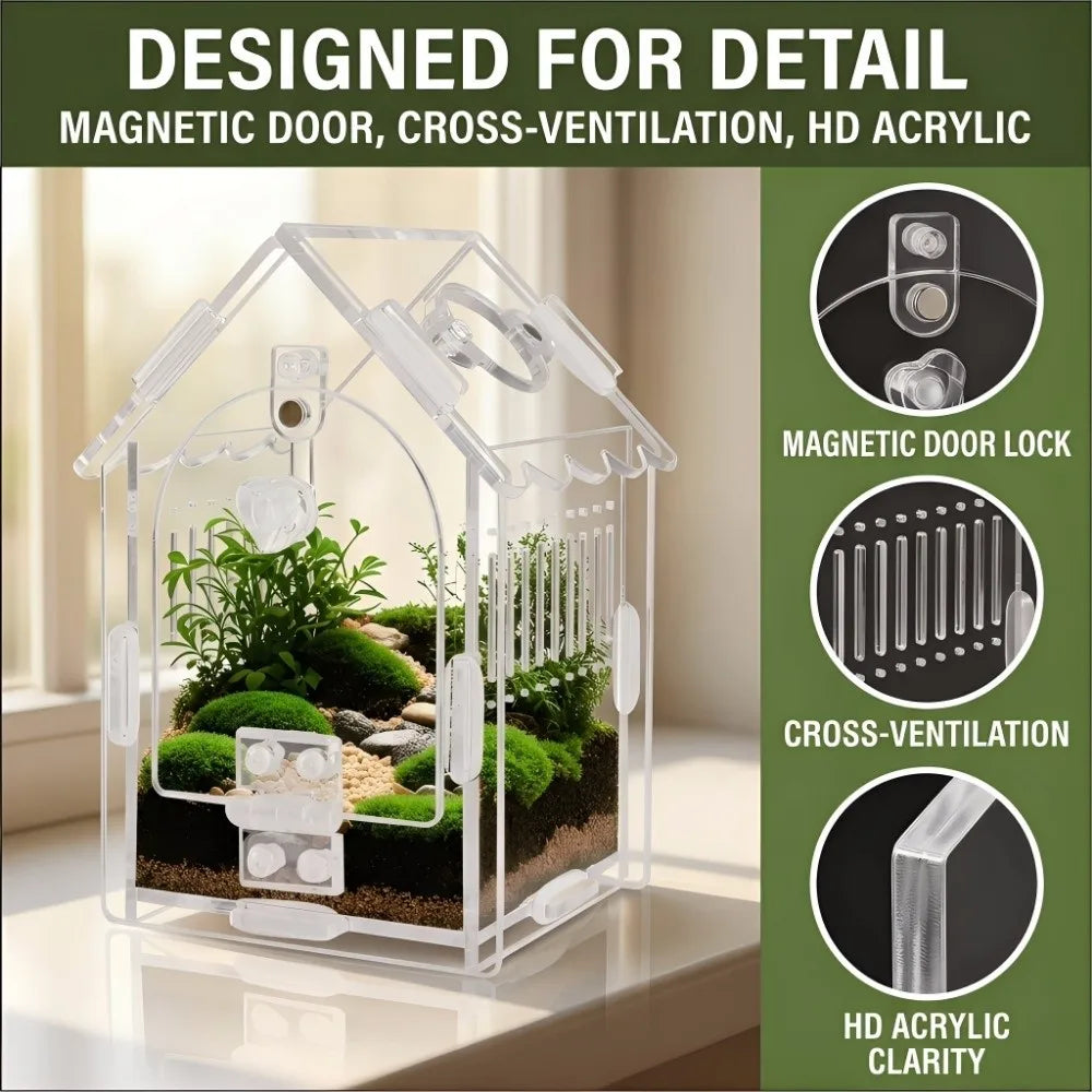Klares Acrylterrarium mit magnetischem Deckel, Querlüftung und HD-Klarheit.