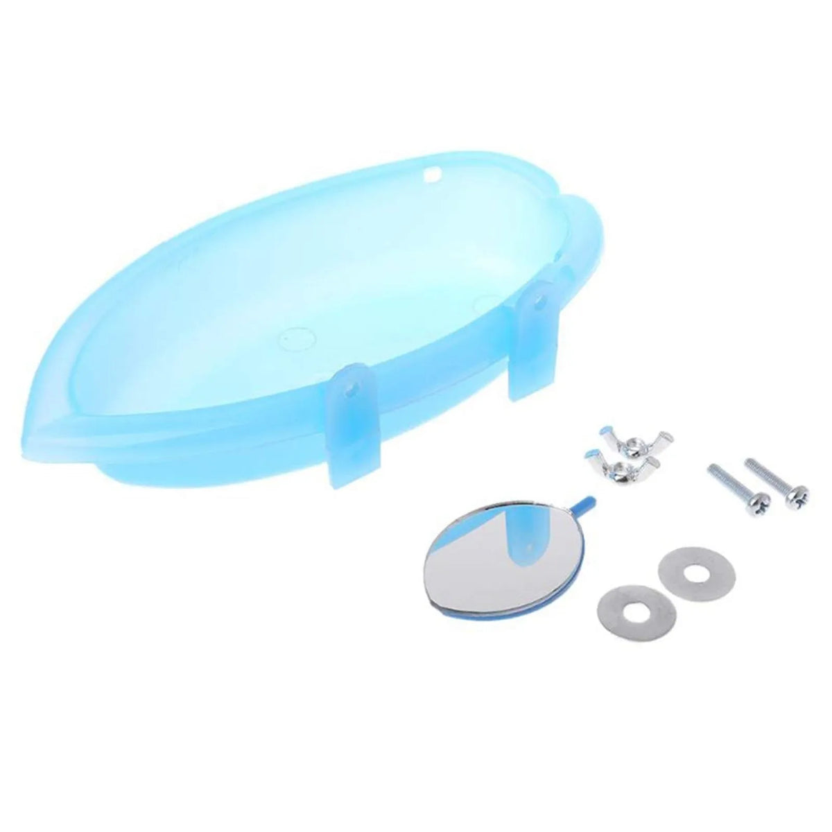 Light blue cage-mounted bird bath with a mirror and mounting hardware.