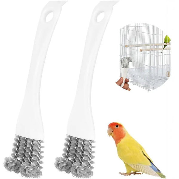 Brosse de nettoyage pour cage d'oiseau blanche à tête poilue, à côté d'un oiseau jaune.