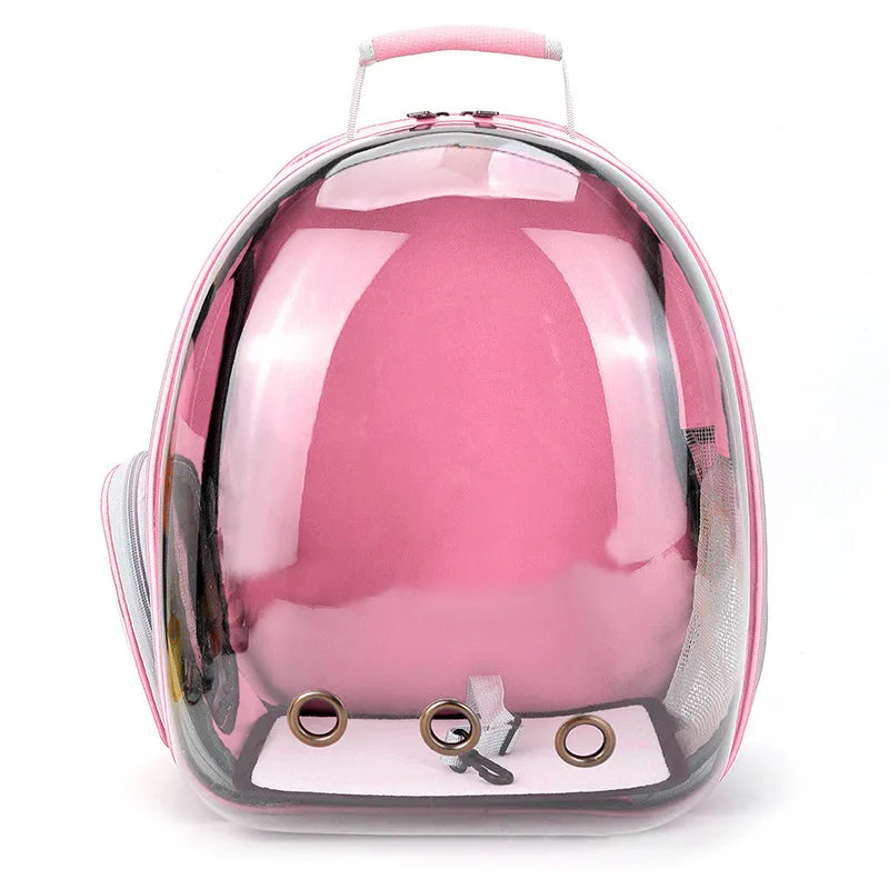 A pink transparent portable backpack designed for dogs and cats.