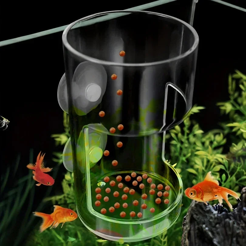 A clear glass feeder ring for aquarium fish, showing small orange pellets in a natural plant environment.