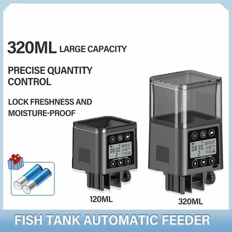 A black automatic fish feeder with an LCD screen is shown next to its 120ML and 320ML capacity versions.