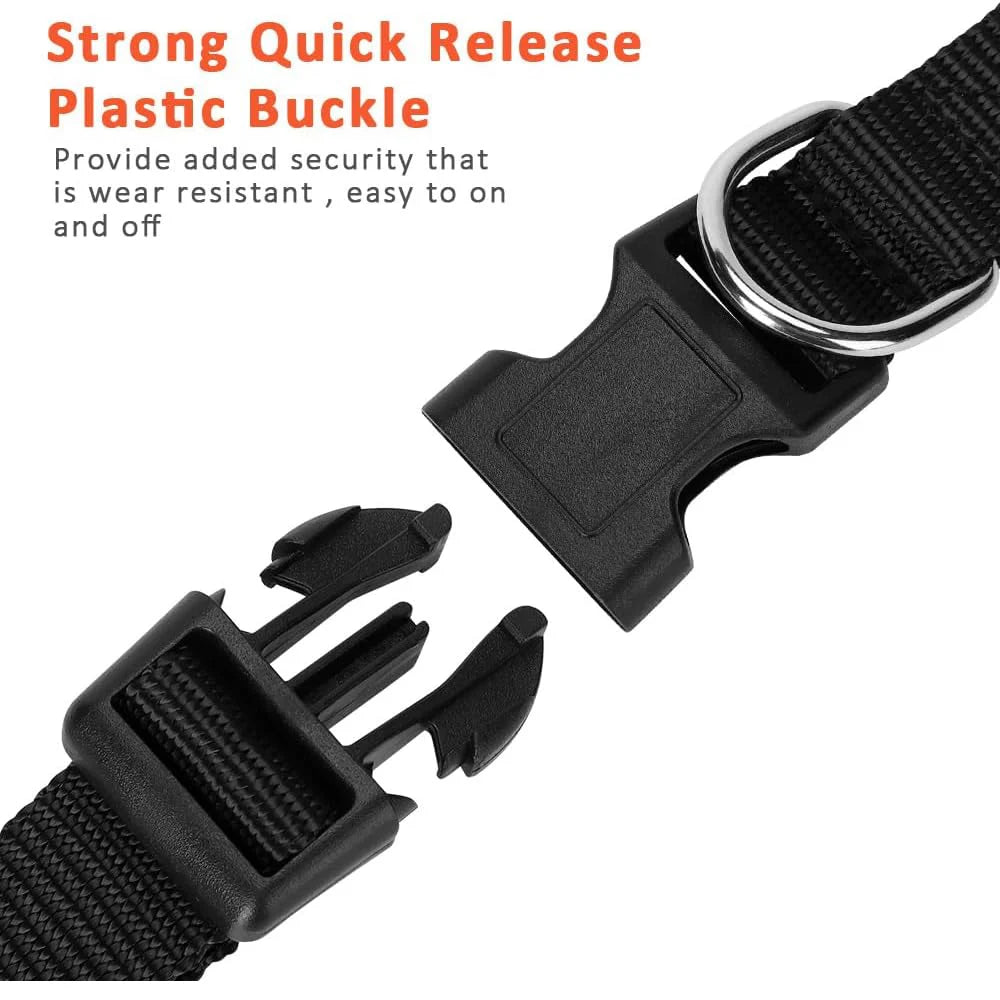 Black nylon dog collar featuring a strong quick release plastic buckle and adjustable hardware.