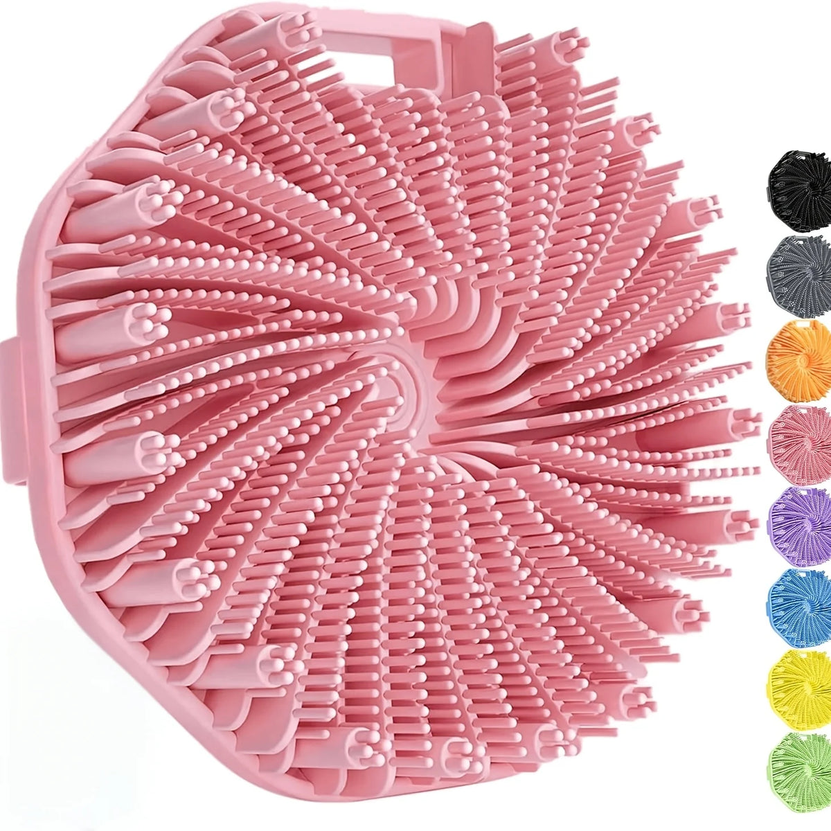 A pink silicone body exfoliating brush with numerous bristles arranged in a radial pattern.