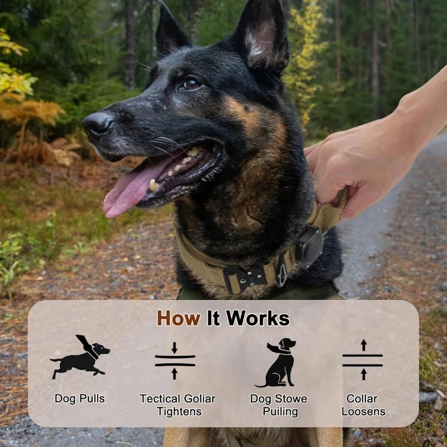 A black and tan dog is shown with a tactical collar, demonstrating how it works to tighten or loosen the collar.