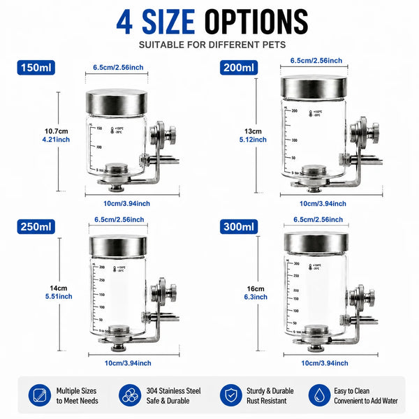 A set of four size options for a magnetic glass and stainless steel bird water dispenser, including 150ml, 200ml, 250ml, and 