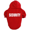 A bright red cozy fleece hoodie with a hood and the word SECURITY printed on the back.